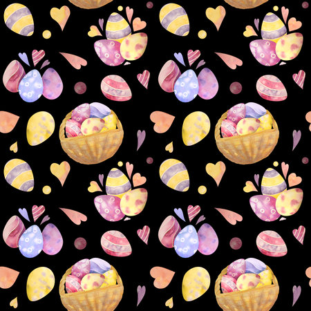 Cute watercolor seamless pattern with Easter elements on black background. It's perfect for wallpaper, fabric design, textile design, cover, wrapping paper, surface textures, digital paperの写真素材