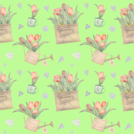 Seamless pattern hand-drawn watercolor. Spring tulips. Ideal for fabric, clothes, beddingの写真素材