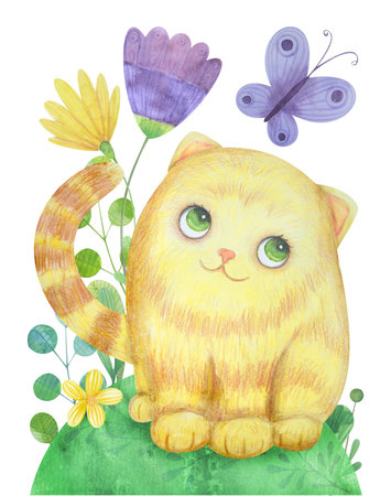 hand-drawn watercolor flower arrangement with a cat. Suitable for logo, poster, postcardの写真素材