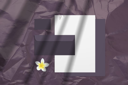 Summer blank mockup with purple business cards, envelopes and notepads isolated on light background....