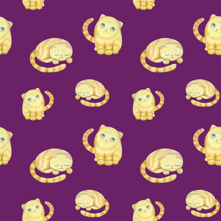 seamless pattern with cute watercolor illustration of cats and stylized flowers.の写真素材
