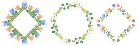 set drawn by hands watercolor frames of stylized flowers. Excellent for logos, posters, wedding invitations and cardsの写真素材