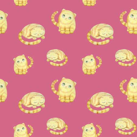seamless pattern with cute watercolor illustration of cats and stylized flowers.の写真素材