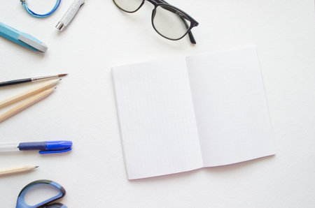 Flat lay women mockup notepad. Top view female workspace, beauty blogger girls desktop.