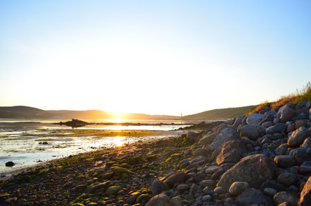 in bay in low tide at sunsetの写真素材