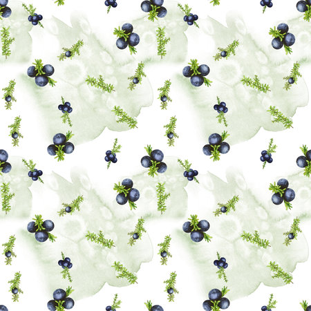 Seamless pattern with black forest northern berries of the crowberry, painted in watercolor. Ideal for wedding invitations, cards, logos, designの写真素材