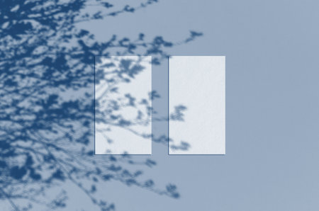 Summer business card Mockup. Natural overlay lighting shadows the leaves. Business cards 3.5x2 inch. Scene of Leaf Shadows. Classic Blue color. Color of the year 2020の写真素材