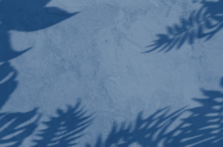 abstract background textuer of shadows leaf on a concrete wall. Classic Blue color. Color of the...