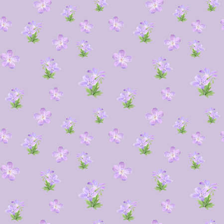 Seamless pattern of watercolor geranium flowers. Perfect for web design, cosmetics design, package, textile, wedding invitation, Geranium sylvaticum Lの写真素材