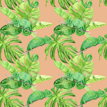 Watercolor illustration seamless pattern of tropical leaves and chameleon. Perfect as background texture, wrapping paper, textile or wallpaper design. Hand drawnの写真素材