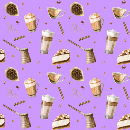 Watercolor seamless pattern with illustrations of coffee cup, coffee beans, coffee grinder, cappuccino, latte and desserts.の写真素材