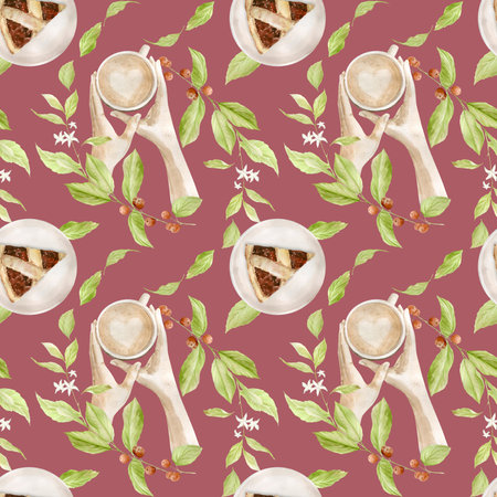 Watercolor seamless pattern with illustrations of coffee cup, coffee beans, coffee grinder, cappuccino, latte and dessertsの写真素材