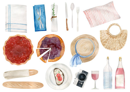 Hand drawn watercolor clipart set of summer picnic elements isolated on white background. Food, eating.の写真素材