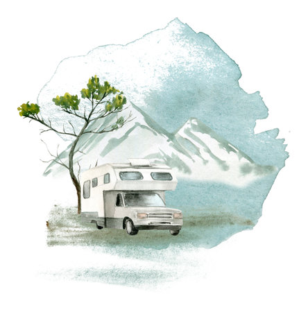 Watercolor illustration of a mobile home for camping.の写真素材