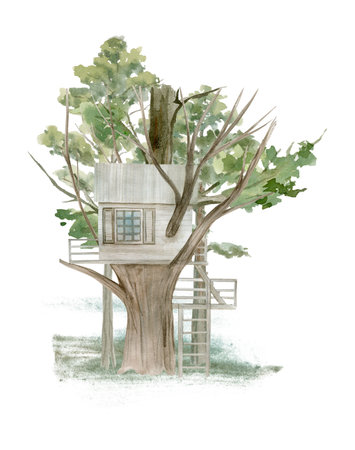 Watercolor illustration of a tree house in the forest.の写真素材