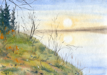 Hand Drawn Watercolor Landscape With Lake in Forestの写真素材