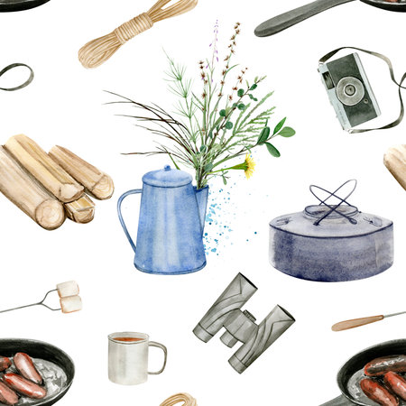 Forest camping seamless pattern. Perfect for cards, invitations, party, banners, baby shower, preschool and children room decoration.の写真素材