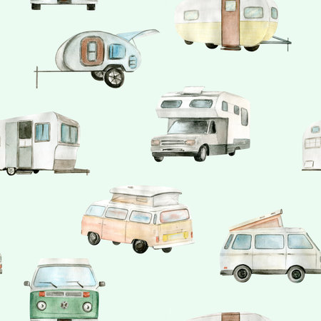 Watercolor camper van, car seamless pattern. Hand painted illustrationの写真素材
