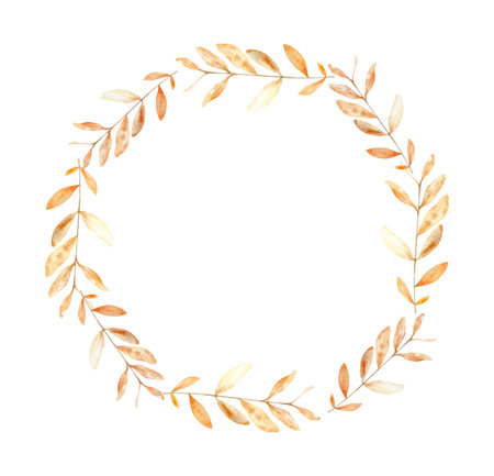 Watercolor autumn wreath of leaves. circle fall frame. Perfect for the thanksgiving cards, invitation.の写真素材