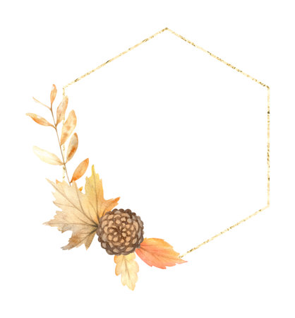 Watercolor frame of leaves and branches isolated on white background. Autumn illustration for greeting cards, wedding invitationsの写真素材