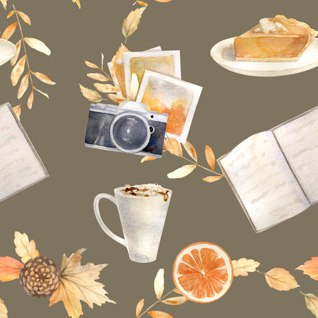 Watercolor autumn seamless pattern with hand painted cozy symbols of fall seasonの写真素材