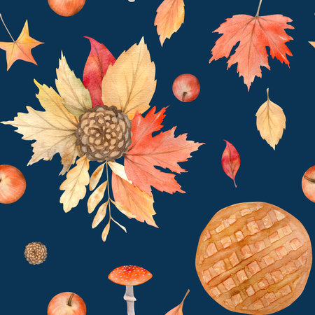 Watercolor autumn seamless pattern with hand painted cozy symbols of fall season.の写真素材