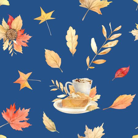Watercolor autumn seamless pattern with hand painted cozy symbols of fall season.の写真素材