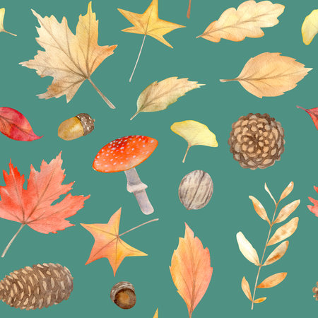 Watercolor autumn seamless pattern with hand painted cozy symbols of fall season.の写真素材