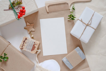 Christmas Zero waste mockup card, eco friendly packaging. Ecological Christmas holiday concept, eco decorの写真素材
