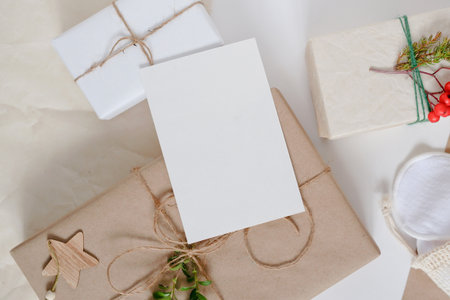 Christmas Zero waste mockup card, eco friendly packaging. Ecological Christmas holiday concept, eco decorの写真素材