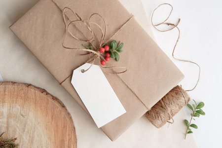 Christmas Zero waste mockup card, eco friendly packaging. Ecological Christmas holiday concept, eco decor.の写真素材
