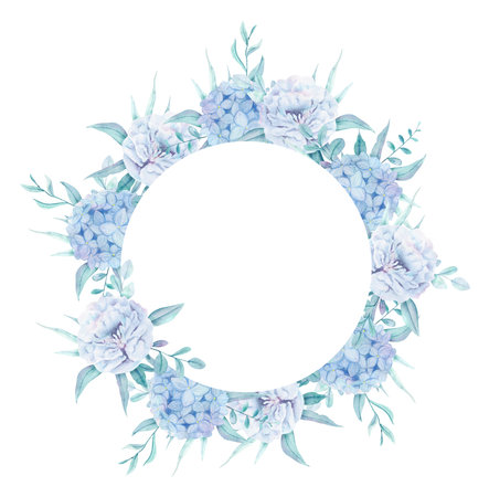 Watercolor hand painted frame with blue flowers hydrangea and peony.の写真素材