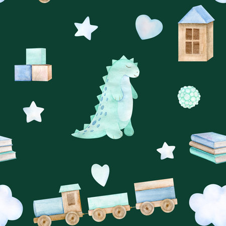 Watercolor baby seamless pattern with toy mint dinosaur, clouds and stars.の写真素材