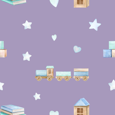 Watercolor baby seamless pattern with toy wooden train, house, clouds and starsの写真素材