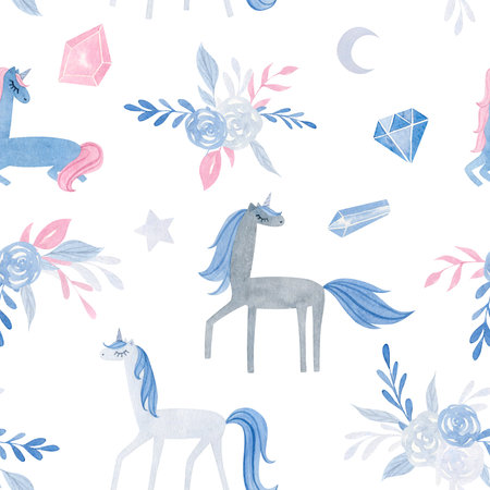 Hand drawing watercolor children's pattern with cute unicorn, flowers, diamonds.の写真素材