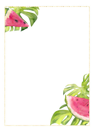 Hand drawn watercolor frame of juicy watermelon sliceの写真素材