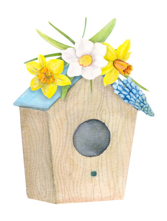 Hand Drawn Watercolor Bird House With Spring Flowers.の写真素材