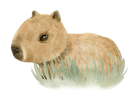 Hand Drawn Watercolor Cute Baby Capybara On Grass.の写真素材