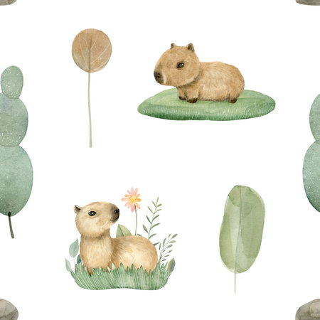 Watercolor Seamless Pattern With Cute Baby Capybaras.の写真素材