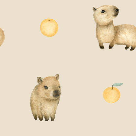 Watercolor Seamless Pattern With Cute Baby Capybaras.の写真素材