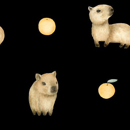 Watercolor Seamless Pattern With Cute Baby Capybaras.の写真素材