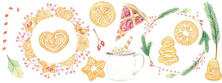 Set of Christmas Gingerbread Cookies. Colored Pensils illustration New Years Decoration.の写真素材