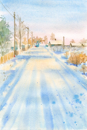 Hand Drawn Watercolor Winter Village Snow Landscape.の写真素材