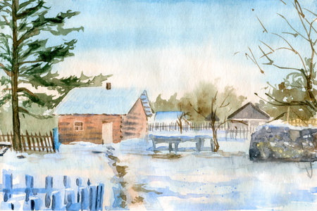 Hand Drawn Watercolor Winter Village Snow Landscape.の写真素材