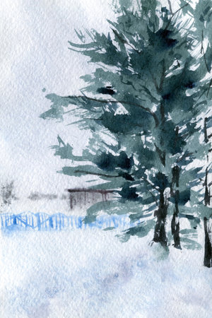 Hand Drawn Watercolor Winter Village Snow Landscape.の写真素材