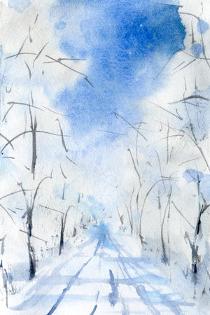 Hand Drawn Watercolor Winter Snow Road Landscape.の写真素材