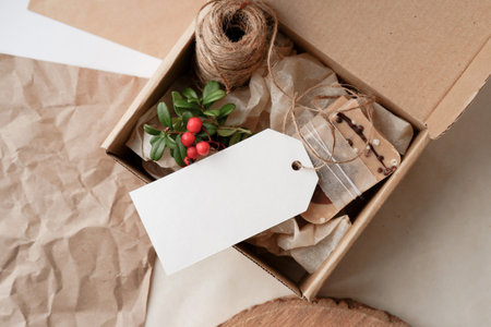 Christmas Zero waste mockup card, eco friendly packaging. Ecological Christmas holiday concept, eco decor.の写真素材