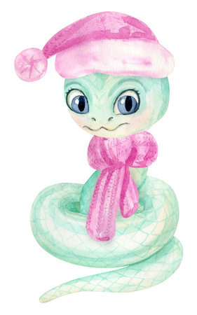 Hand Drawn Watercolor Illustration Of Christmas Cute Cartoon Snake.の写真素材
