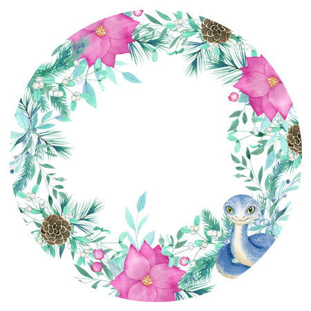 New Year Watercolor Frame with Holiday Cute Snakes.の写真素材