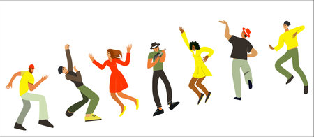 a group of young people dancing, the guy in the center is playing the ukulele, peace, friendship, teamworkのイラスト素材